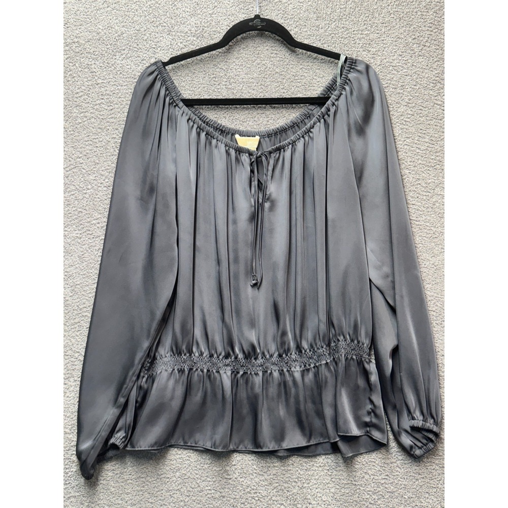 Michael Kors Minimalist Satin Peasant Blouse Gray Smocked XL Flowing Top